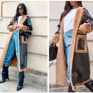 Black Faux Fur Leather Coat with Brown Fur detailing